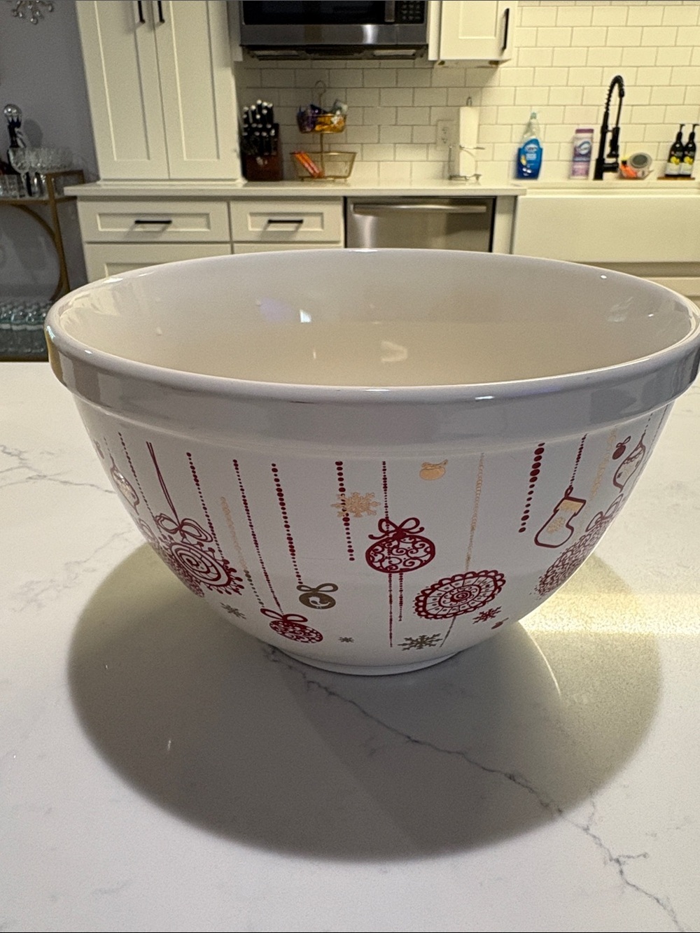 White Holiday Ceramic Mixing Bowl with Red Ornament Design
